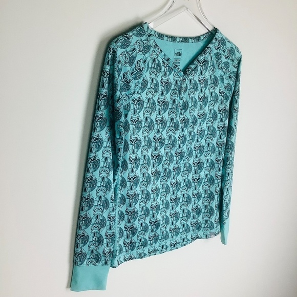 North Face Women's Base Layer Fox Print Long Sleeve Snap Button Teal Shi… - Picture 6 of 11